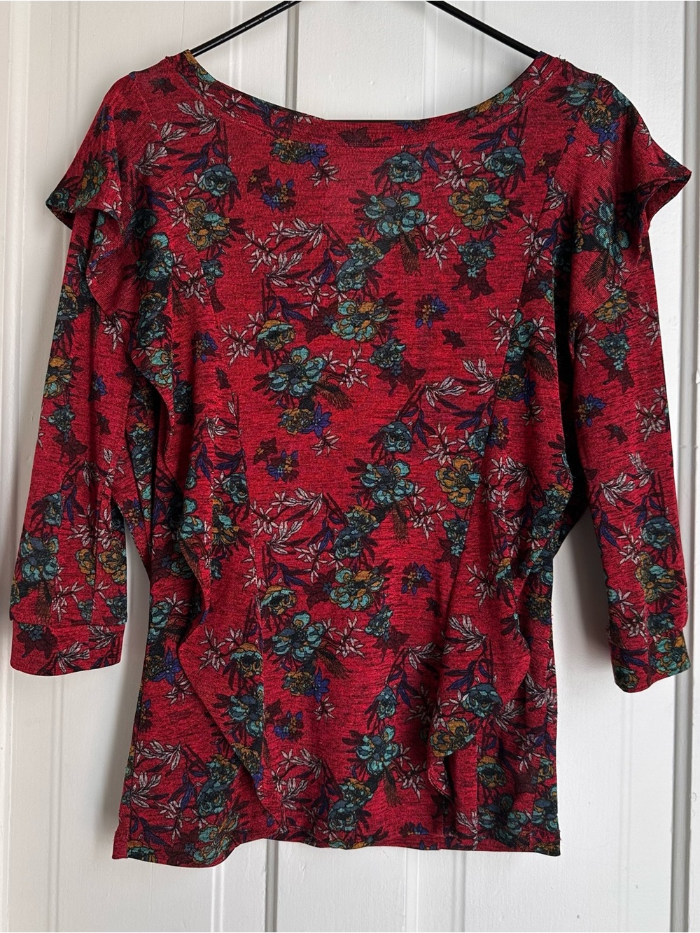 Free People Red Floral Dock Street Knit Blouse burgundy ruffled small